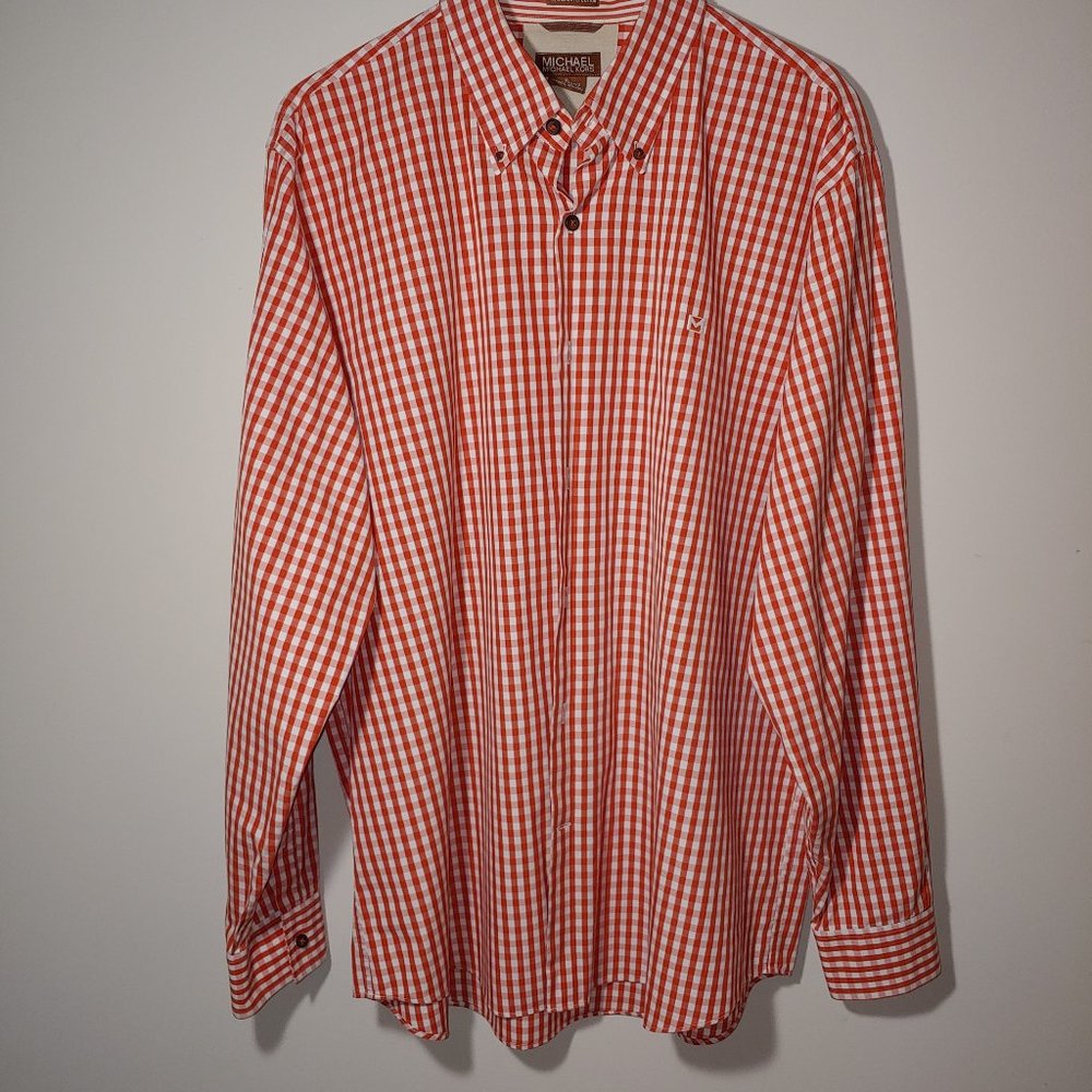 Michael Kors Plaid Long Sleeve Button Up Dress Shirt Size XL White Orange